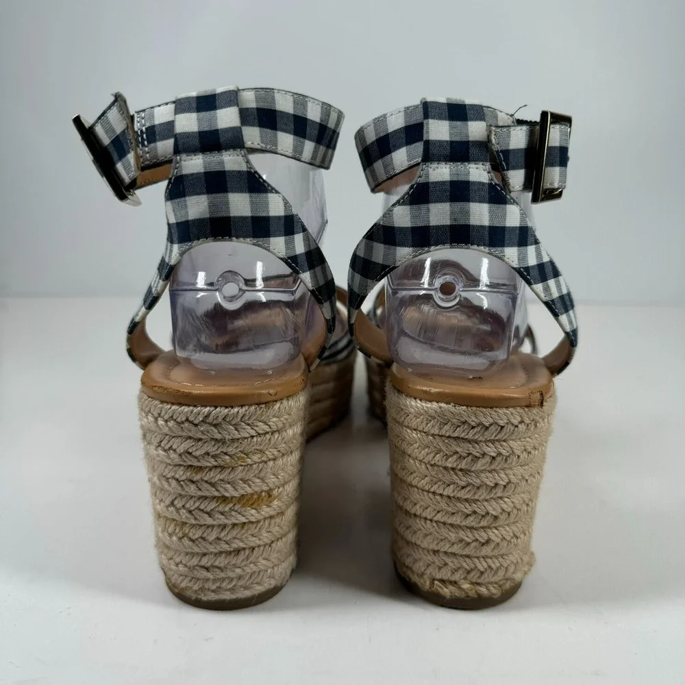 J.Crew Women's US 8.5 Navy Blue Gingham Flatform Espadrille Wedge Sandals L4669